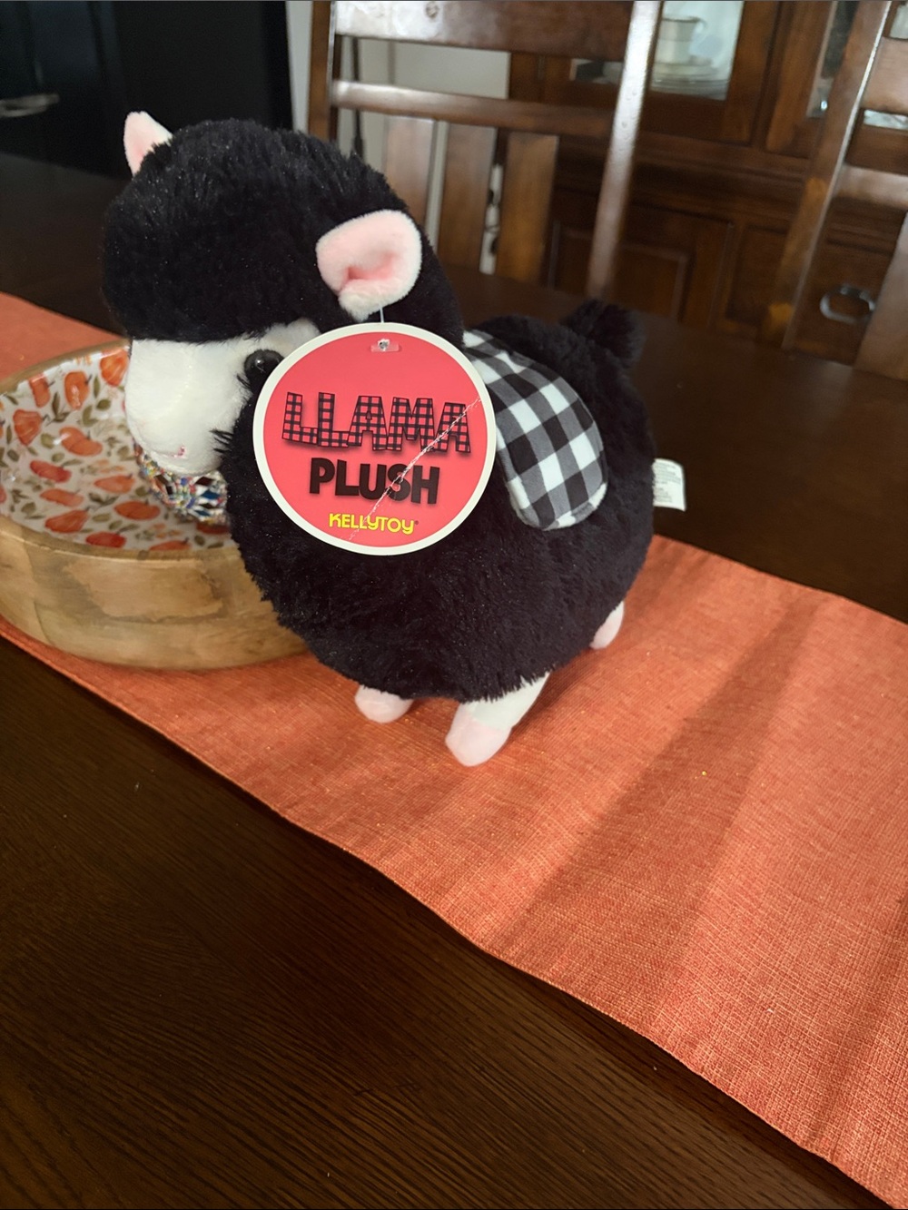Black Llama Plush with Checkered Saddle